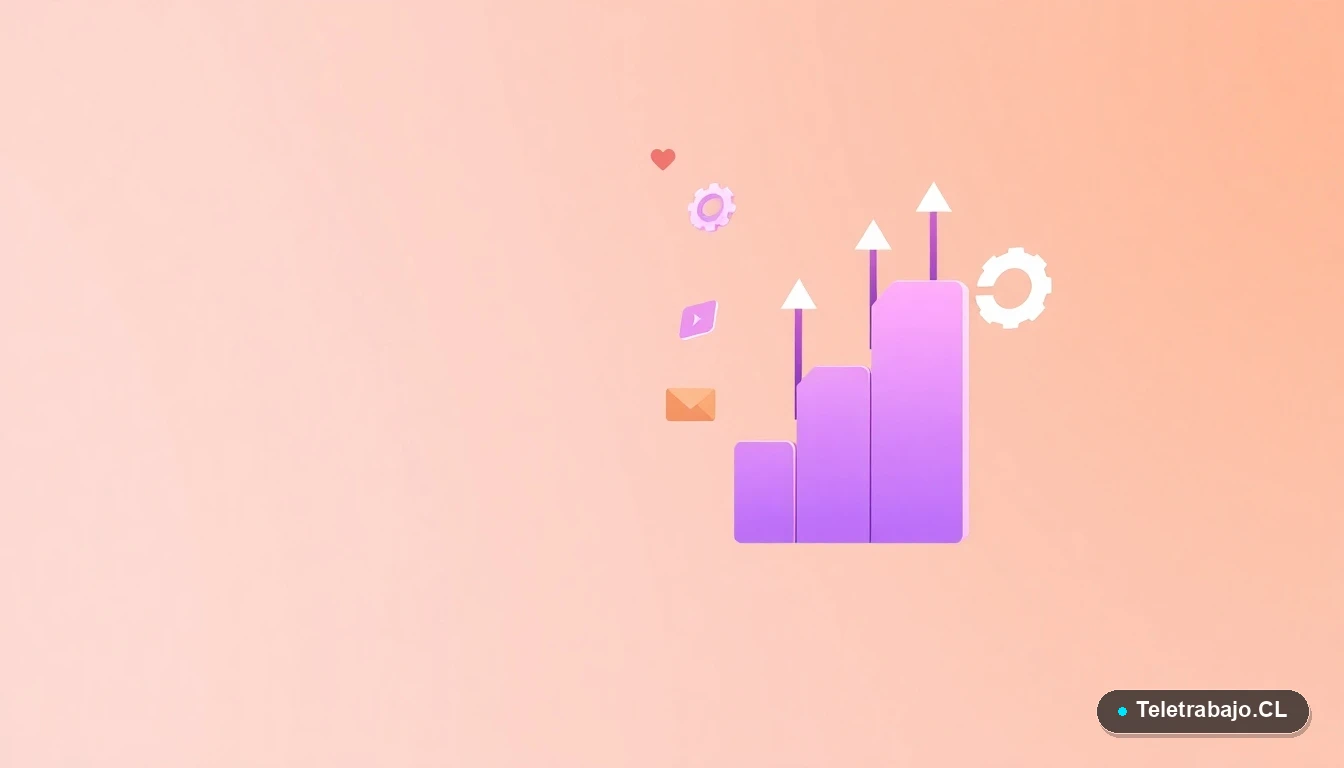 Composición abstracta de interfaz de usuario con gráficos, engranajes y carpetas flotantes en colores lavanda y durazno, sobre fondo degradado. Concepto de tecnología y datos para marketing.