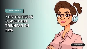 Ilustración plana corporativa de una mujer profesional de teletrabajo, con expresión segura, sobre fondo degradado suave azul verdoso. Espacio negativo a la izquierda.