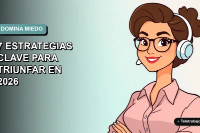 Ilustración plana corporativa de una mujer profesional de teletrabajo, con expresión segura, sobre fondo degradado suave azul verdoso. Espacio negativo a la izquierda.