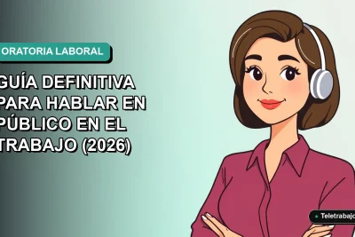 Ilustración plana corporativa de una mujer profesional de teletrabajo con expresión segura, fondo degradado verde azulado vacío.