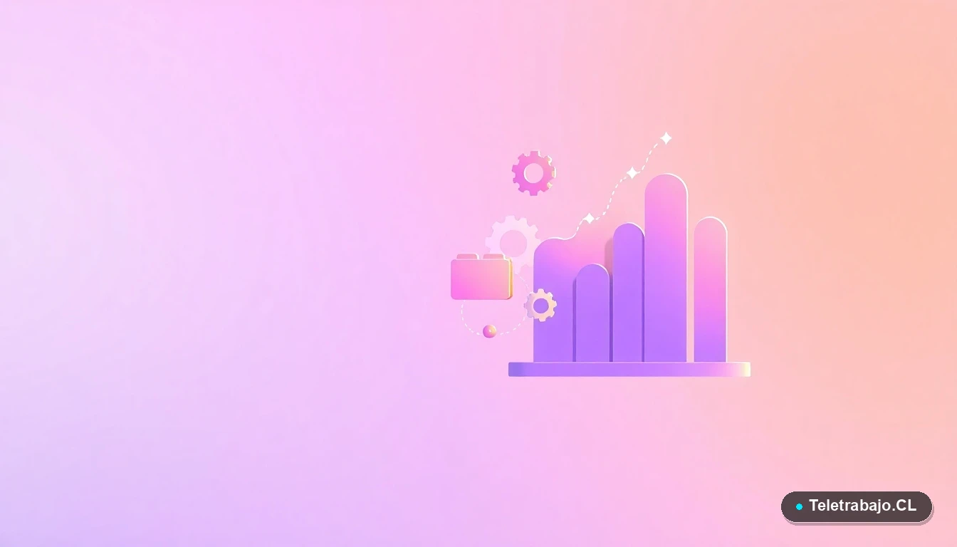 Ilustración abstracta de interfaz tecnológica con gráficos flotantes y engranajes minimalistas, fondo degradado lavanda y melocotón, concepto de datos y productividad.