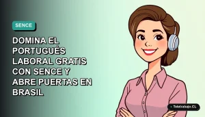 Ilustración vectorial plana de una mujer profesional de teletrabajo sonriendo, con fondo degradado azul verdoso. Representa el aprendizaje de portugués para trabajo con SENCE.