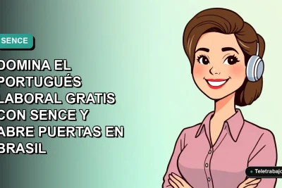 Ilustración vectorial plana de una mujer profesional de teletrabajo sonriendo, con fondo degradado azul verdoso. Representa el aprendizaje de portugués para trabajo con SENCE.