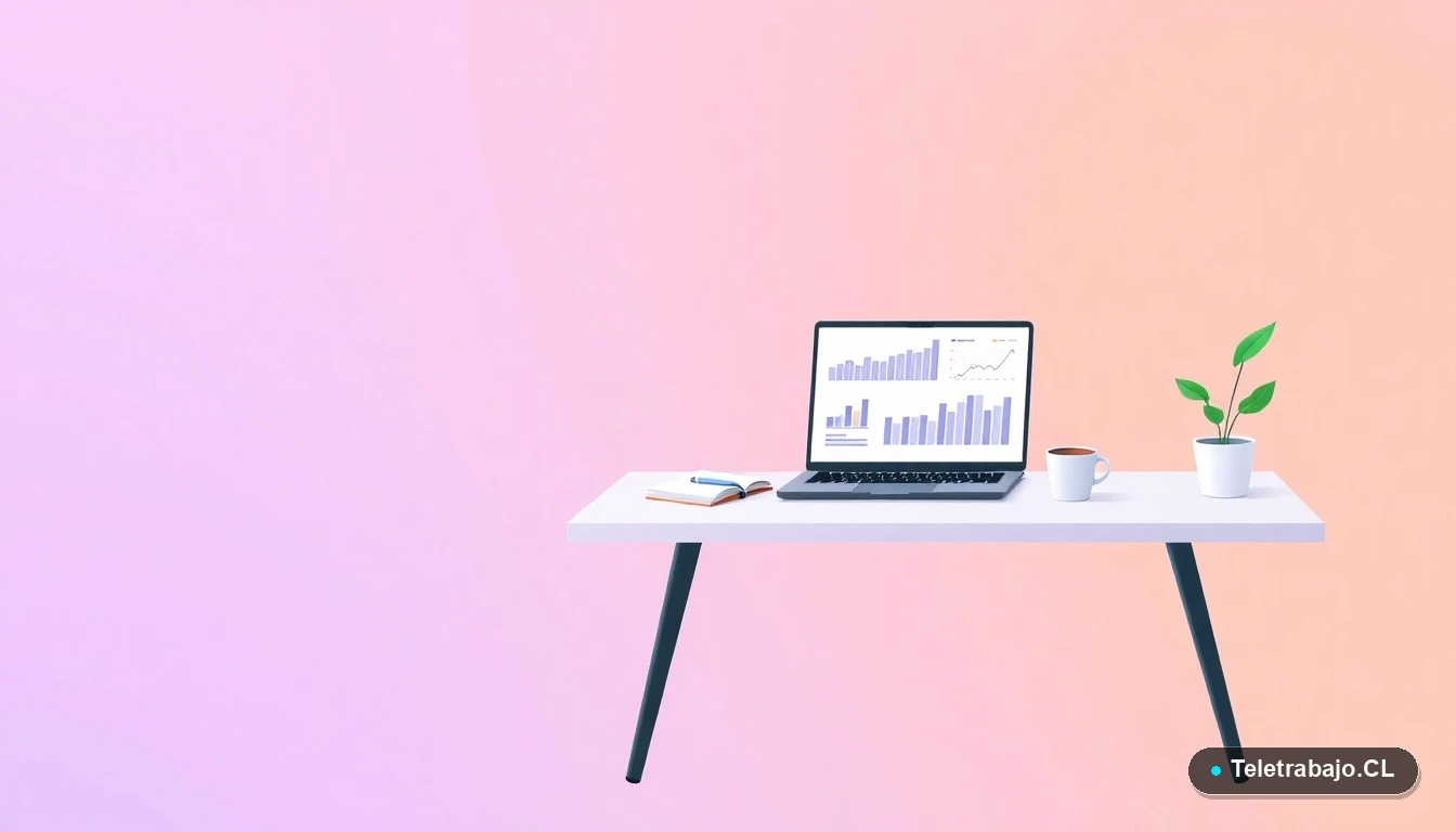 Escritorio moderno minimalista con laptop, gráficos, planta y taza de café sobre fondo degradado lavanda. Concepto de espacio de trabajo y productividad para cursos SENCE.