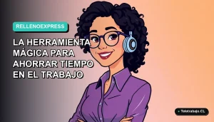 Ilustración plana vectorial de una mujer profesional de teletrabajo sonriendo, con fondo gradiente azul y turquesa, representando el dominio de la herramienta de relleno rápido en Excel para ahorrar tiempo.