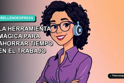 Ilustración plana vectorial de una mujer profesional de teletrabajo sonriendo, con fondo gradiente azul y turquesa, representando el dominio de la herramienta de relleno rápido en Excel para ahorrar tiempo.