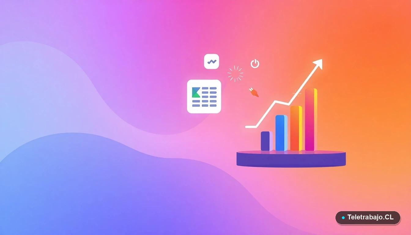 Ilustración abstracta de interfaz tecnológica con icono de Excel, varita mágica, gráfico ascendente y símbolo de avance rápido, sobre fondo gradiente lavanda y melocotón, representando la automatización y velocidad del relleno rápido.