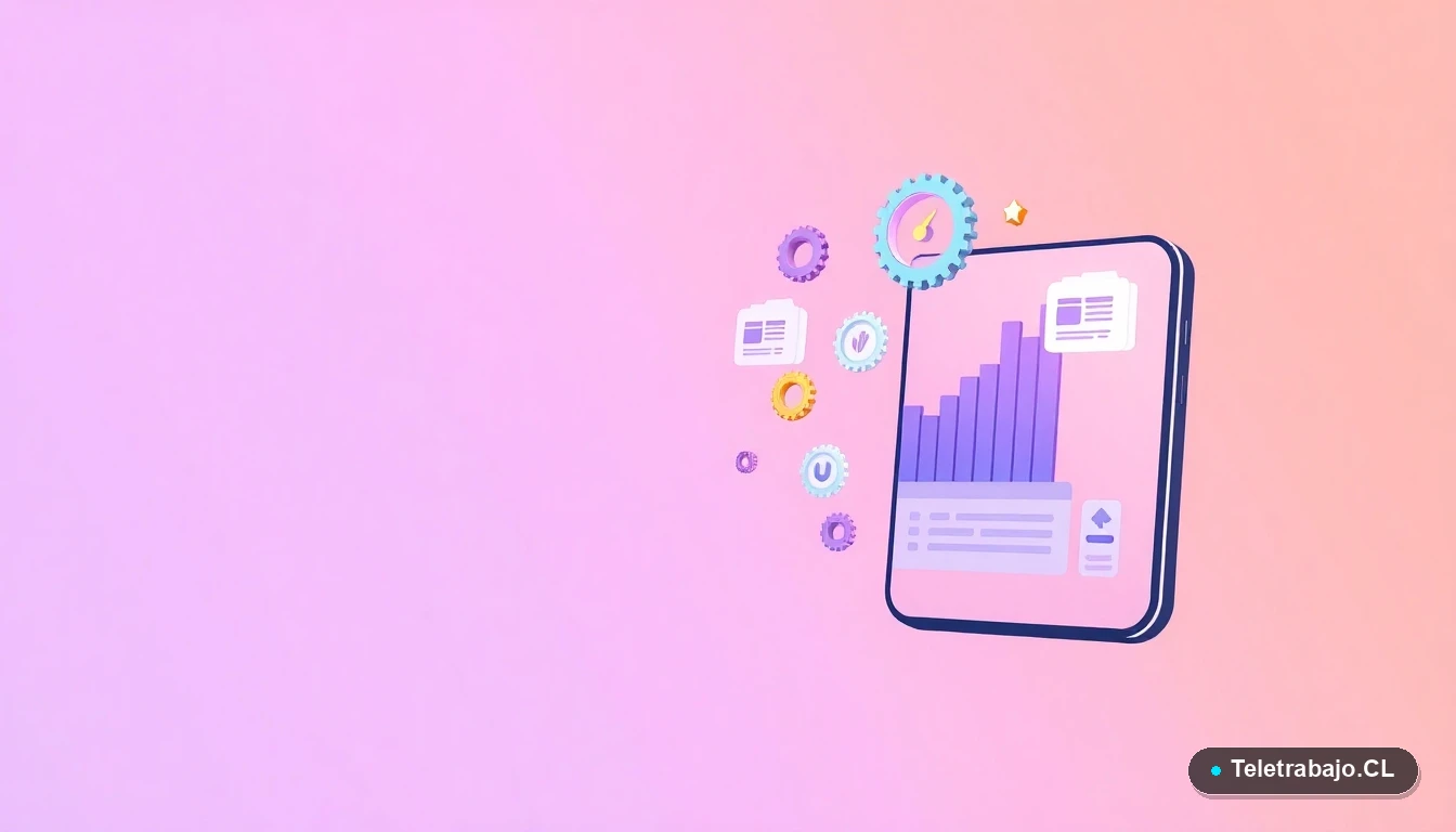 Elementos gráficos abstractos de interfaz de usuario tecnológica con gráficos flotantes y engranajes, representando el teletrabajo eficiente.