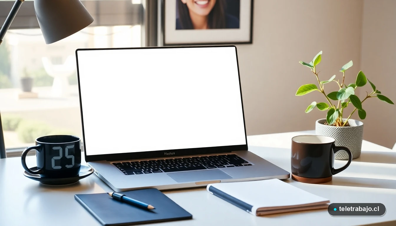 Escritorio moderno para teletrabajo en Chile con temporizador Pomodoro digital en pantalla