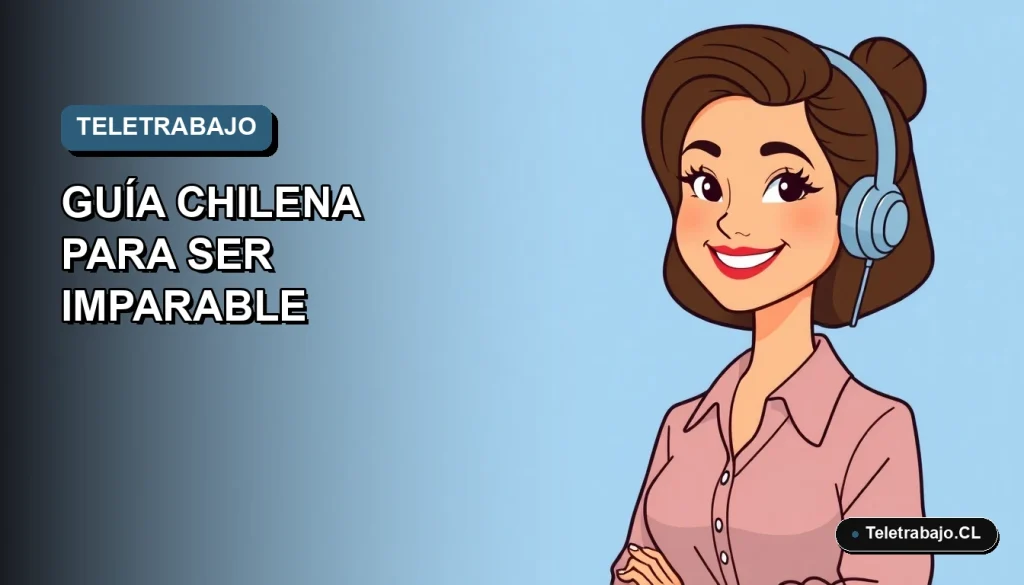 Ilustración plana de mujer chilena profesional sonriente trabajando remotamente con IA, fondo degradado azul grisáceo.