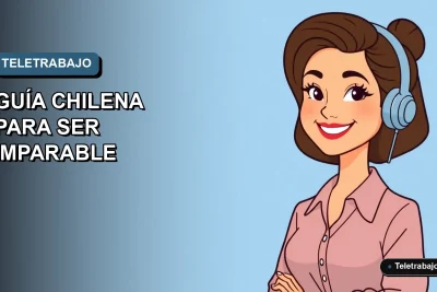 Ilustración plana de mujer chilena profesional sonriente trabajando remotamente con IA, fondo degradado azul grisáceo.