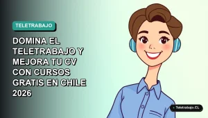 Ilustración plana vectorial de una mujer profesional chilena sonriendo, con blusa azul, en teletrabajo. Fondo degradado verde azulado vacío.