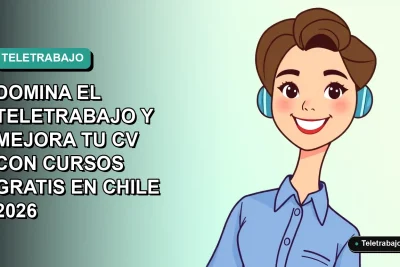 Ilustración plana vectorial de una mujer profesional chilena sonriendo, con blusa azul, en teletrabajo. Fondo degradado verde azulado vacío.