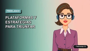 Ilustración vectorial plana de una mujer profesional freelance trabajando desde su casa en Chile, con fondo degradado suave.