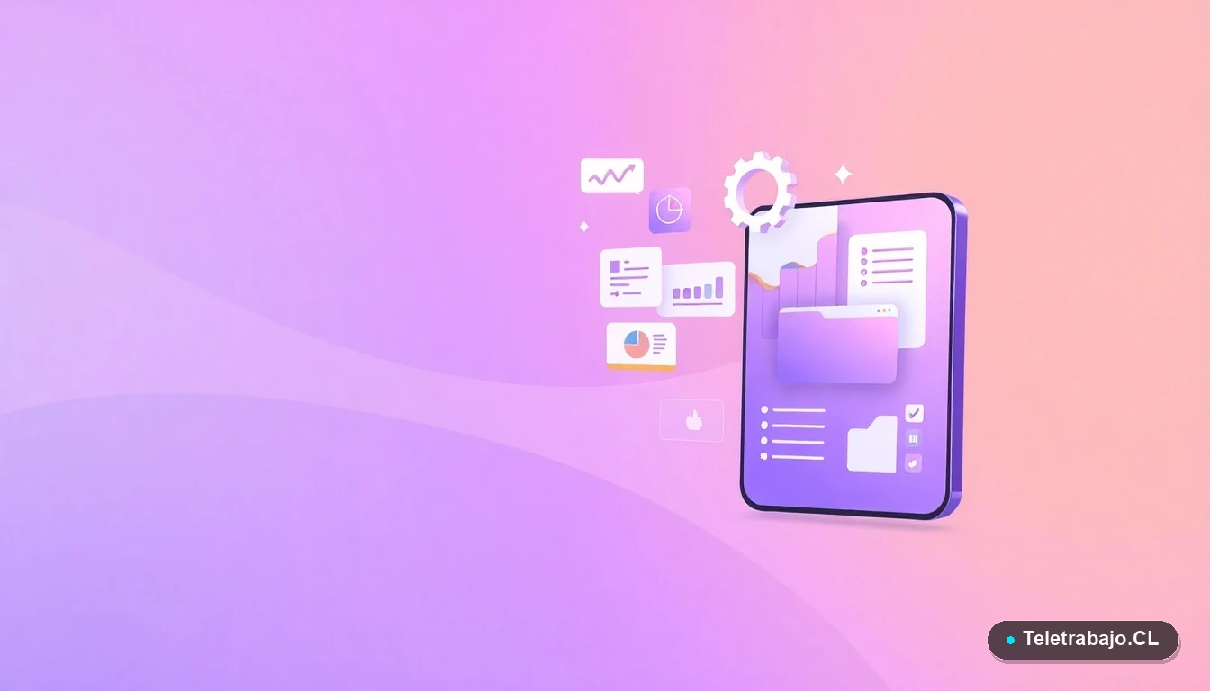 Elementos de interfaz de usuario abstractos y modernos, como gráficos y engranajes, representando herramientas digitales para freelancers.