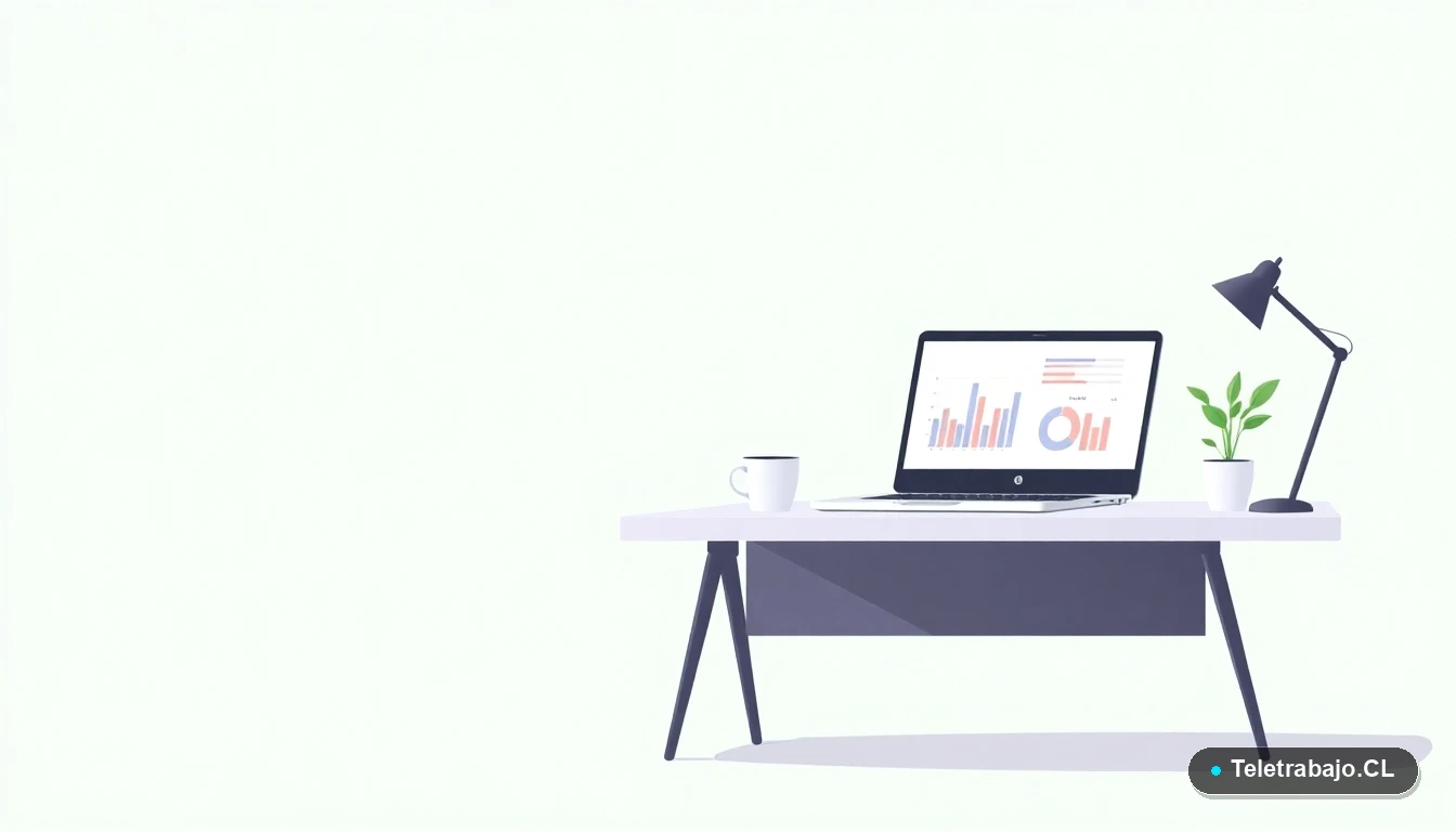 Escritorio moderno minimalista para teletrabajo con laptop, gráficos en pantalla, taza de café y una planta, en estilo de ilustración vectorial plana sobre fondo gradiente.