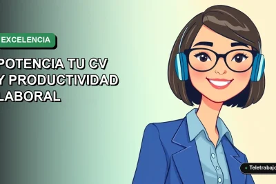 Ilustración vectorial plana de una mujer profesional chilena sonriente, con blusa azul, mirando hacia la izquierda con fondo degradado verde agua vacío. Concepto de dominio de Excel y productividad laboral.