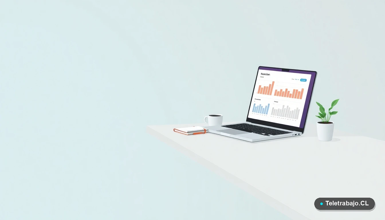 Escritorio moderno minimalista con laptop, gráficos de datos, taza de café y planta, sobre fondo degradado vacío en tonos teal. Representación de productividad y entorno laboral eficiente.