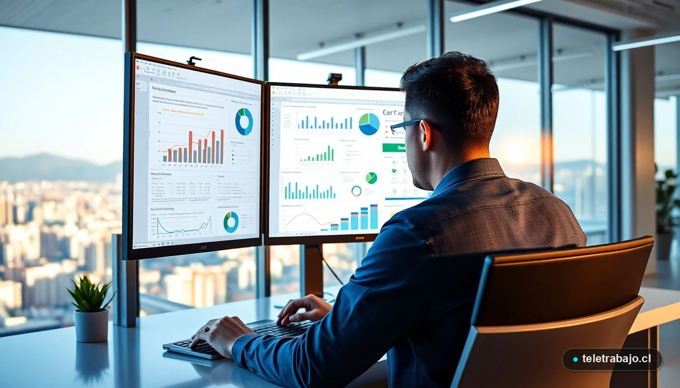 Profesional chileno utilizando Microsoft Excel avanzado con tableros dinámicos en una oficina moderna en Santiago