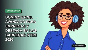 Ilustración vectorial plana de una mujer profesional de tecnología, con blusa azul y lentes, sonriendo. Fondo con gradiente suave de color verde marino. Concepto de carrera STEM y dominio de Excel.