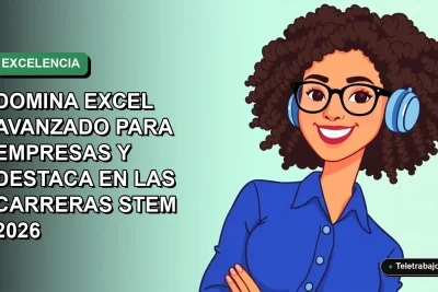 Ilustración vectorial plana de una mujer profesional de tecnología, con blusa azul y lentes, sonriendo. Fondo con gradiente suave de color verde marino. Concepto de carrera STEM y dominio de Excel.