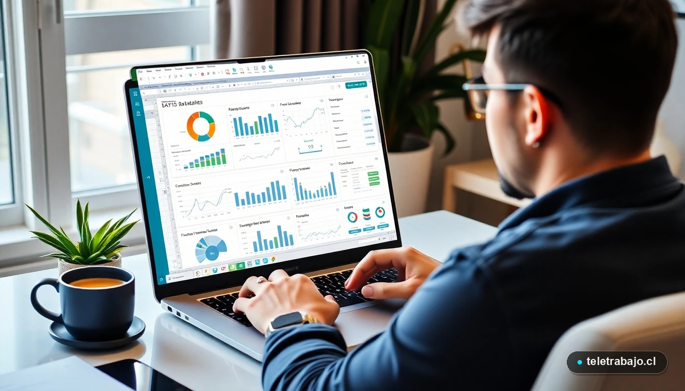 Freelancer chileno trabajando con Excel avanzado en su oficina en casa, mostrando dashboards y análisis de datos complejos.
