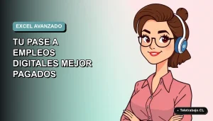 Ilustración plana vectorial de una mujer profesional trabajando de forma remota con gráficos de Excel, fondo degradado azul verdoso.