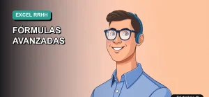 Ilustración vectorial plana moderna de un trabajador masculino de RRHH con camisa azul, sonriendo, sobre un fondo degradado suave. Representa el dominio de Excel avanzado para profesionales de recursos humanos en Chile.
