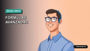 Ilustración vectorial plana moderna de un trabajador masculino de RRHH con camisa azul, sonriendo, sobre un fondo degradado suave. Representa el dominio de Excel avanzado para profesionales de recursos humanos en Chile.