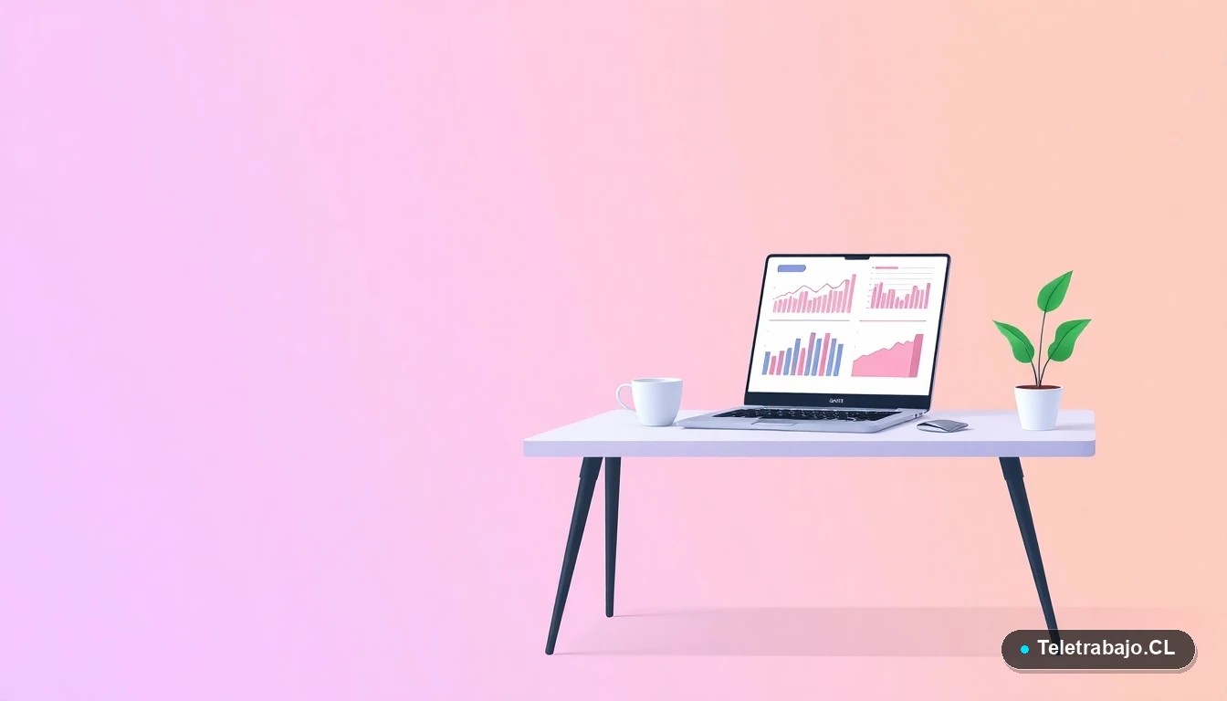 Escritorio moderno minimalista con laptop, gráficos abstractos, taza de café y planta, sobre fondo degradado lila y durazno. Representa un espacio de trabajo productivo para aprender Excel.