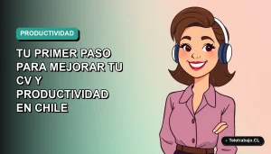Ilustración vectorial plana de una mujer profesional chilena sonriendo, con fondo degradado azul verdoso. Representa el aprendizaje de Excel para mejorar el CV.