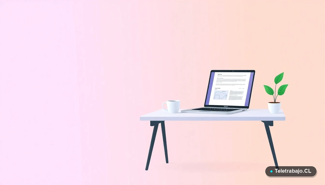 Escritorio moderno minimalista con laptop, taza de café y planta. Representa un entorno de trabajo productivo para aprender Excel de forma gratuita en Chile.
