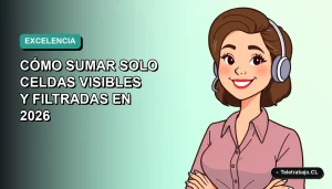 Ilustración plana corporativa de una mujer profesional de teletrabajo sonriente, con fondo degradado suave azul verdoso, concepto de productividad en Excel.