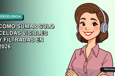 Ilustración plana corporativa de una mujer profesional de teletrabajo sonriente, con fondo degradado suave azul verdoso, concepto de productividad en Excel.