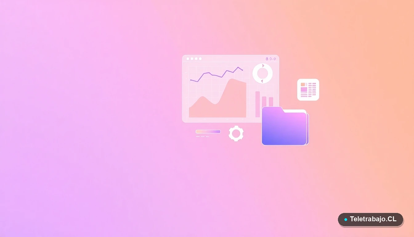 Ilustración abstracta de interfaz de usuario con gráficos flotantes, una cuadrícula de Excel y un engranaje, sobre un fondo degradado lila y melocotón, representando funciones de filtrado de datos.