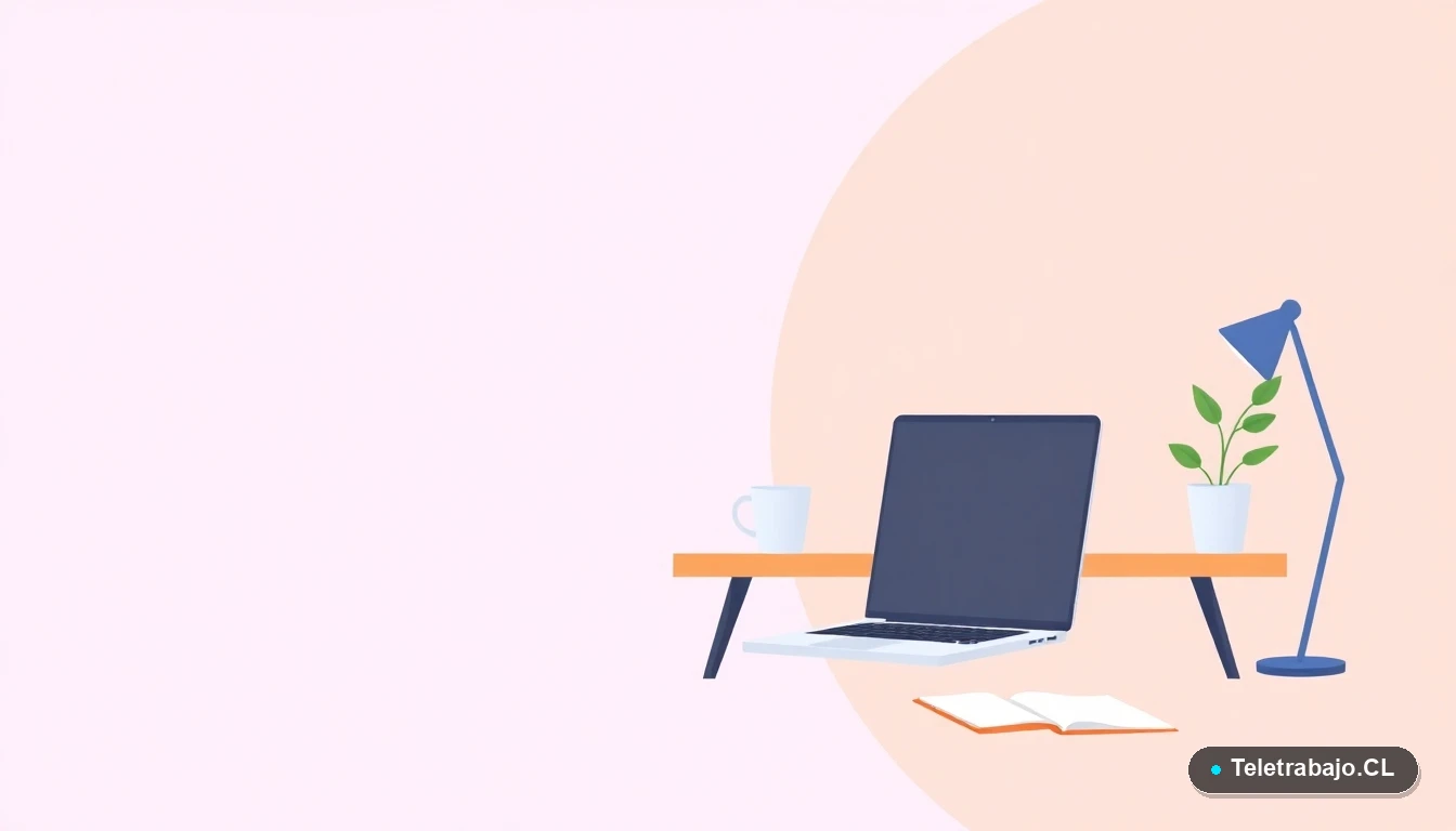 Escritorio moderno y minimalista con laptop, cuaderno y café, sobre fondo degradado lila y durazno, simbolizando un espacio de trabajo optimizado y automatizado.