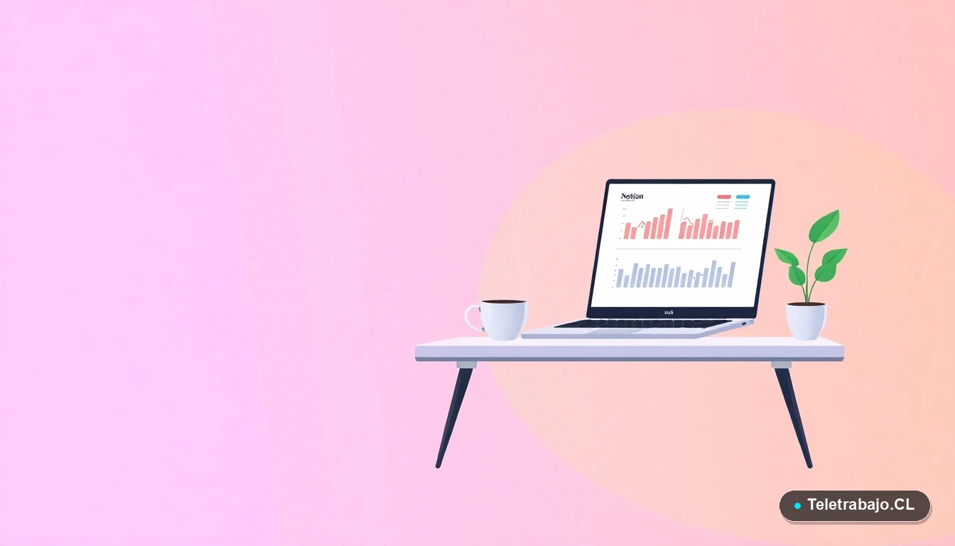 Escritorio moderno minimalista para teletrabajo con laptop, gráficos abstractos, taza de café y planta, sobre fondo degradado lila y durazno.