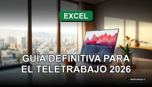 Curso de Excel para teletrabajo en Chile, pantalla con gráficos abstractos en oficina moderna.