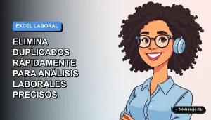 Ilustración plana corporativa de una mujer profesional con blusa azul y lentes, sonriendo, sobre fondo degradado azul y blanco, representando el dominio de Excel para análisis de datos laborales.