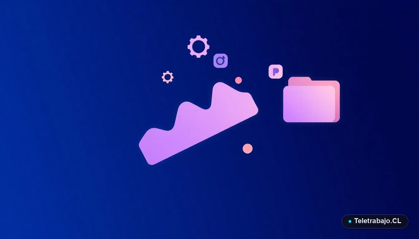 Interfaz de usuario abstracta con gráficos flotantes, un engranaje y carpetas estilizadas en colores lavanda y durazno, sobre fondo azul oscuro, simbolizando el análisis de datos automatizado en Excel.