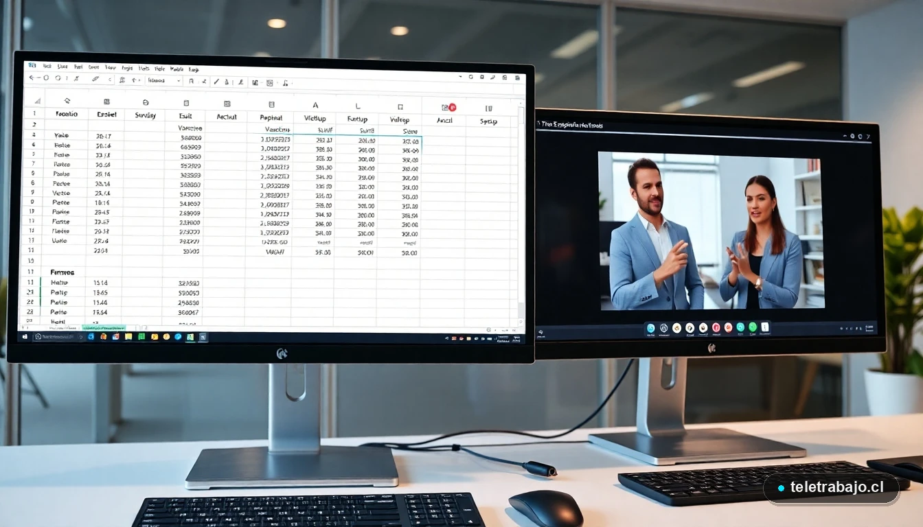 Profesional chileno utilizando Microsoft Excel para gestionar cálculos de vacaciones y datos de empleados en una oficina moderna.