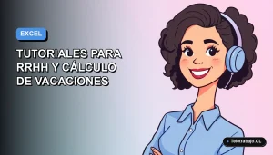 Ilustración vectorial plana de una mujer profesional chilena sonriendo, con blusa azul, mirando hacia la izquierda, sobre fondo degradado suave. Representa el dominio de Excel para gestión de recursos humanos y cálculo de vacaciones.
