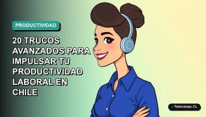 Ilustración vectorial plana de una mujer profesional chilena con blusa azul y pelo recogido, sonriendo frente a un fondo degradado verde azulado. Representa productividad laboral y dominio de Excel.