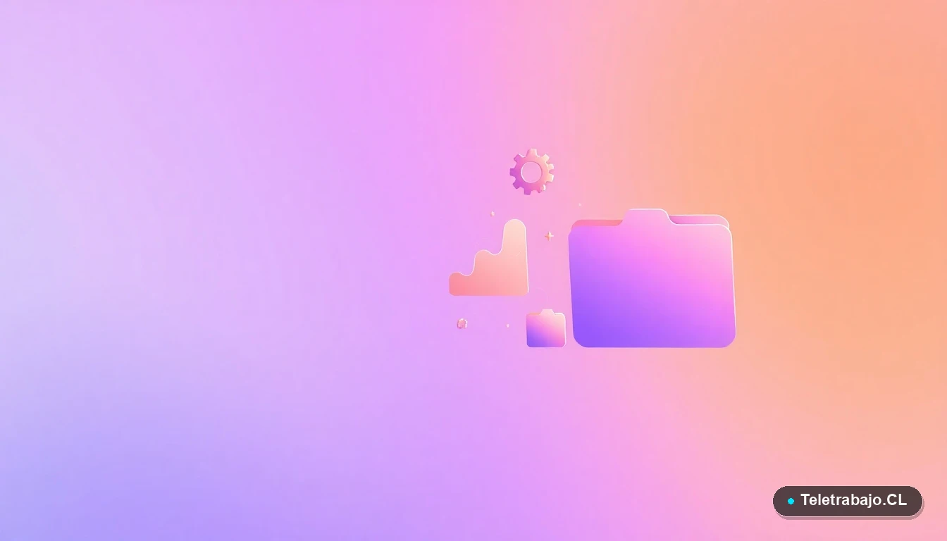 Composición abstracta de interfaz de usuario con gráficos flotantes, un engranaje y carpetas en tonos lavanda y durazno, sobre fondo degradado. Representa datos, tecnología y productividad avanzada.