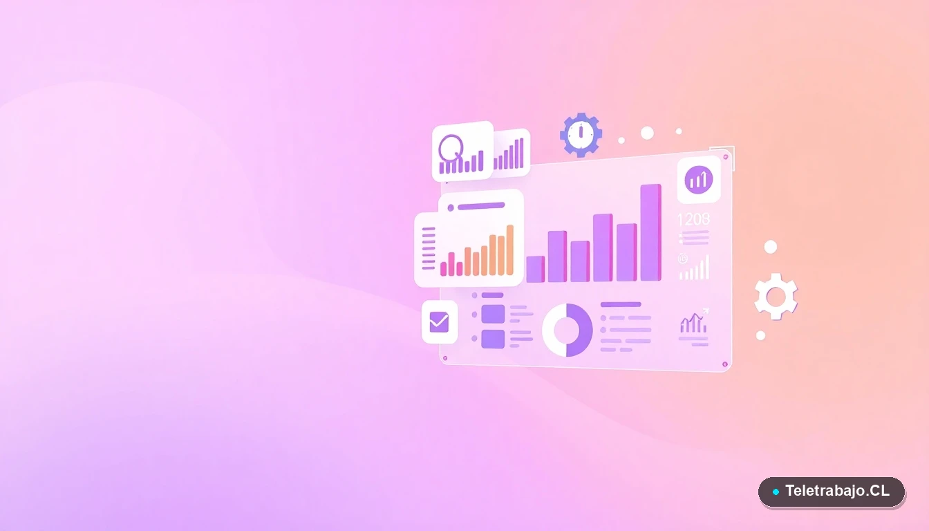 Interfaz de usuario abstracta con gráficos de Excel flotantes e iconos de engranajes minimalistas en tonos lavanda y durazno, sobre un fondo degradado. Concepto de productividad y datos.