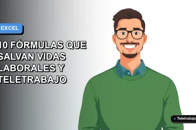 Ilustración vectorial plana de un trabajador remoto masculino con suéter verde, sonriendo, sobre un fondo degradado azul y blanco. Representa el dominio de Excel en el teletrabajo.