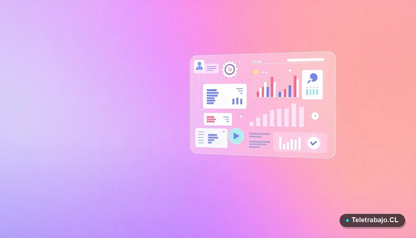 Interfaz de usuario abstracta con gráficos y elementos flotantes estilo Excel, sobre un fondo degradado lavanda y durazno, representando conceptos de datos y productividad.