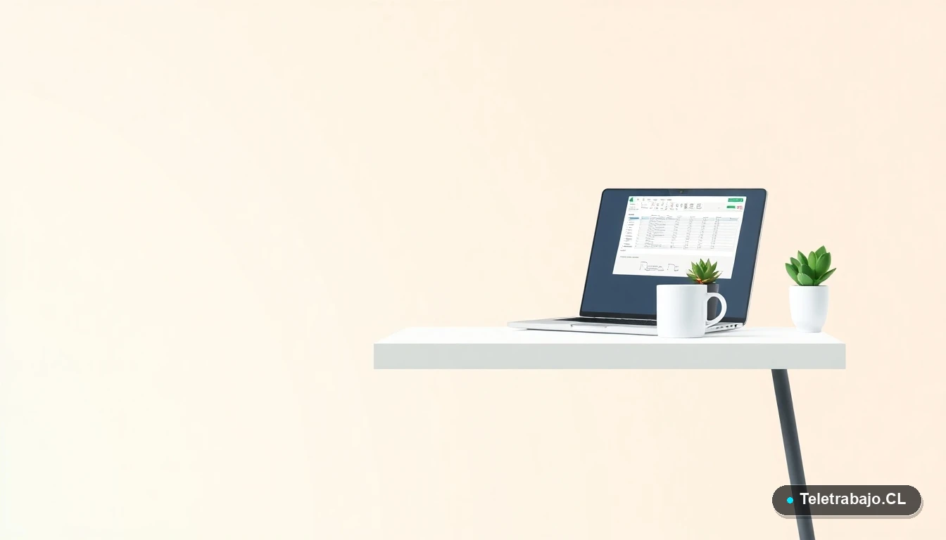 Escritorio moderno minimalista con laptop mostrando una hoja de cálculo de Excel, una planta suculenta y una taza de café. Fondo degradado color menta, estilo vectorial plano.