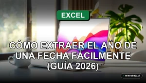 Guía profesional de Excel 2026 en Chile mostrando función de extraer año de una fecha en pantalla con gráficos abstractos.