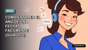 Ilustración vectorial plana de mujer profesional chilena sonriente, con blusa azul, junto a gráficos flotantes de Excel que muestran la fórmula AÑO, sobre fondo degradado suave de color aguamarina.